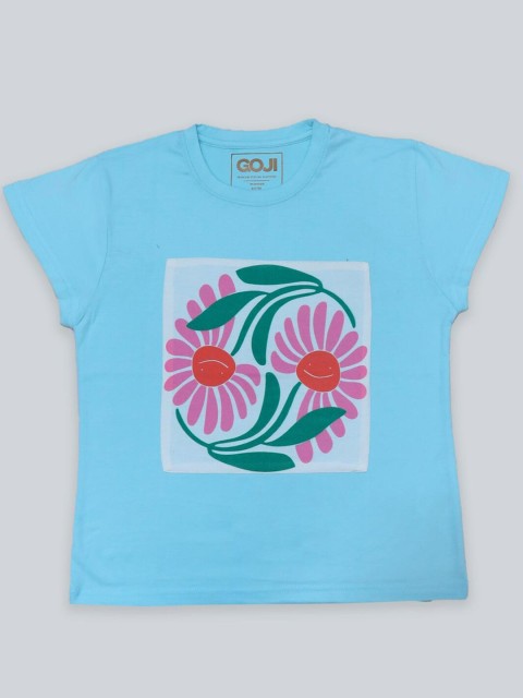 

GOJI Girls Blue & ibis rose Printed Applique T-shirt