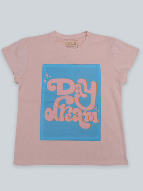 

GOJI Girls Peach-Coloured & brown Printed Applique T-shirt