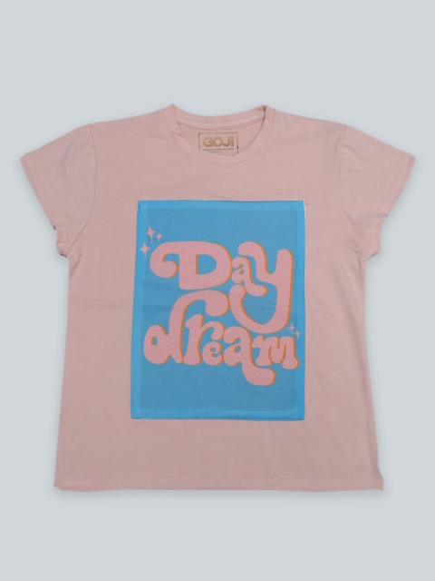 

GOJI Girls Peach-Coloured & moonlight Printed Applique T-shirt