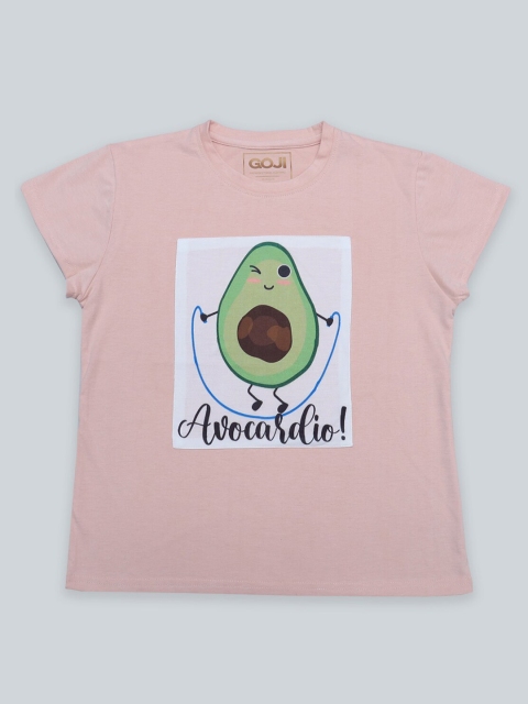

GOJI Girls Peach-Coloured & peachskin Typography Printed Applique T-shirt