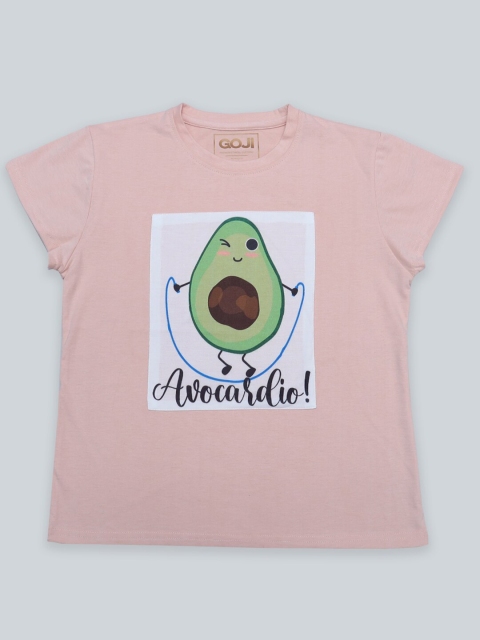 

GOJI Girls Peach-Coloured Typography Printed Applique T-shirt