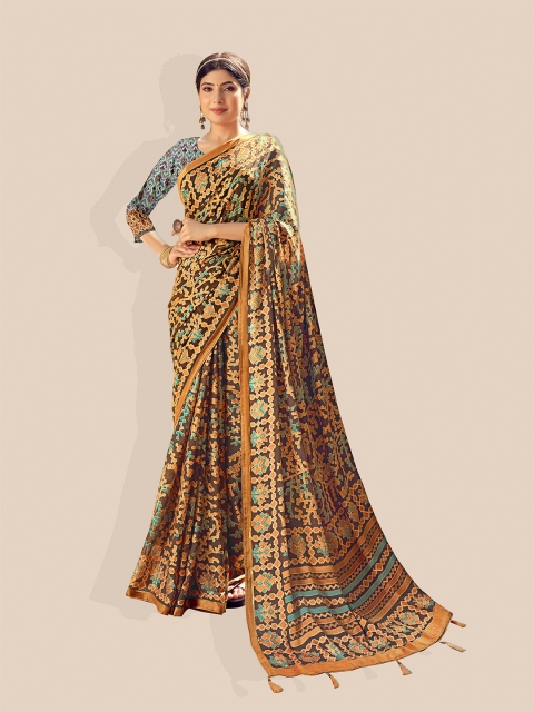 

UNITED LIBERTY Orange & Blue Floral Zari Brasso Ikat Saree