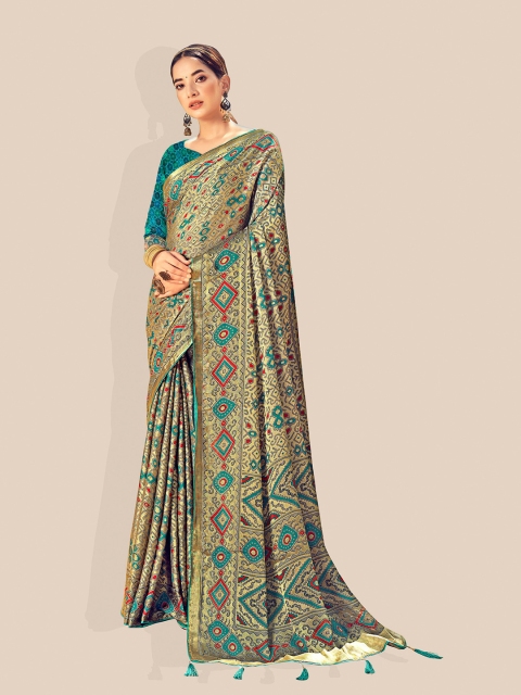 

UNITED LIBERTY Gold-Toned & Blue Woven Design Zari Brasso Ikat Saree