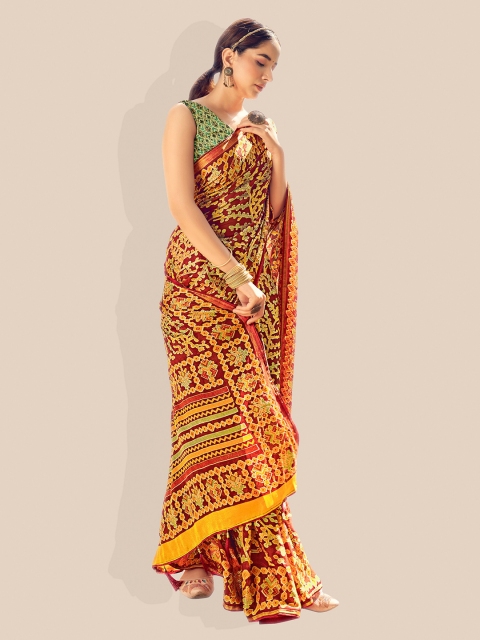 

UNITED LIBERTY Maroon & Yellow Floral Zari Brasso Ikat Saree