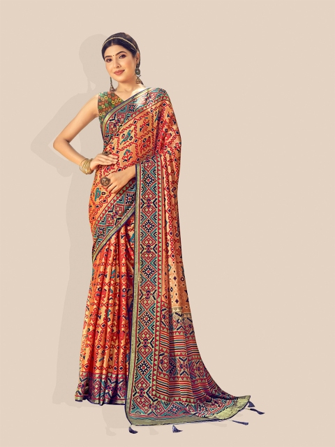 

UNITED LIBERTY Orange & Green Zari Brasso Ikat Saree