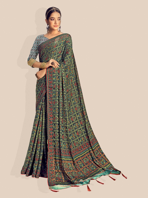 

UNITED LIBERTY Blue & Olive green Printed Brasso Ikat Saree