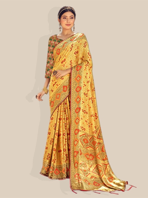 

UNITED LIBERTY Mustard & Orange Zari Brasso Ikat Saree