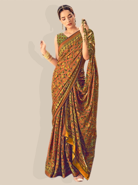 

UNITED LIBERTY Brown & Green Floral Zari Brasso Ikat Saree