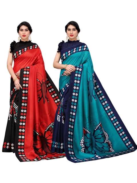 

AADVIKA Set Of 2 Red & Teal Ethnic Motifs Art Silk Mysore Silk Saree