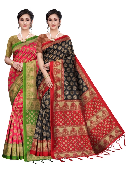 

AADVIKA Pack Of 2 Black & Pink Woven Design Art Silk Saree