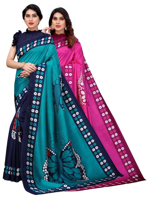 

AADVIKA Women Pink & Teal Set of 2 Ethnic Motifs Printed Art Silk Mysore Silk Saree