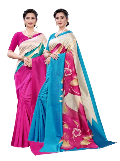 

AADVIKA Pack of 2 Women Blue & Pink Floral Art Silk Saree