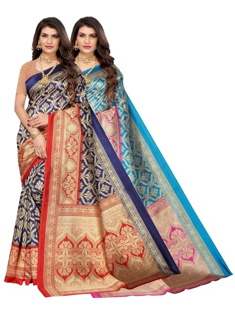 

AADVIKA Blue & Red Set of 2 Ethnic Motifs Printed Art Silk Mysore Silk Saree