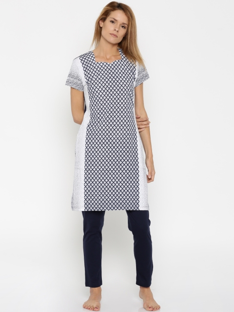 

Sweet Dreams White & Navy Printed Nightsuit