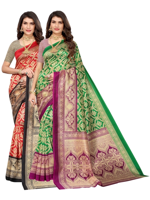 

AADVIKA Pack Of 2 Red & Green Woven Design Art Silk Saree
