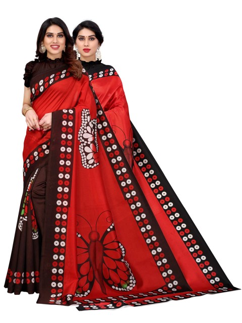 

AADVIKA Black & Red Art Silk Geometric Printed Saree