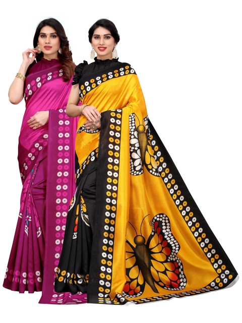 

AADVIKA Pink & Yellow Set of 2 Ethnic Motifs Printed Art Silk Mysore Silk Saree