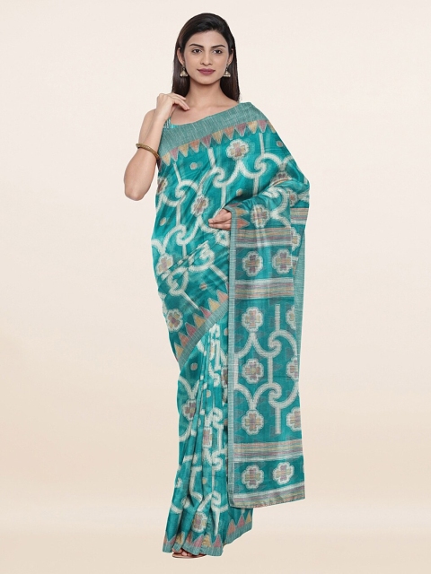 

Pothys Green & White Floral Jute Silk Tussar Saree