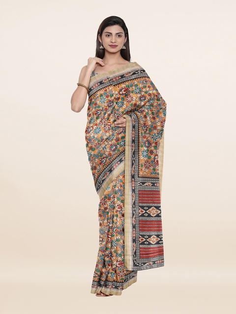 

Pothys Mustard & Red Floral Jute Silk Tussar Saree