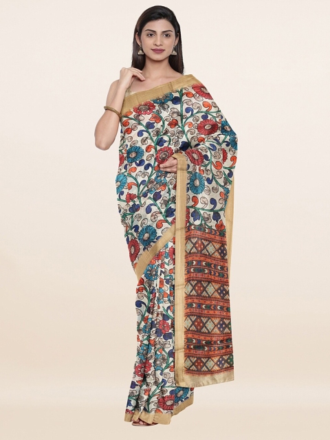 

Pothys Cream & Blue Kalamkari Printed Jute Silk Saree