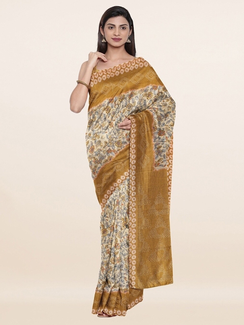 

Pothys Cream-Coloured & Mustard Floral Tussar Silk Saree