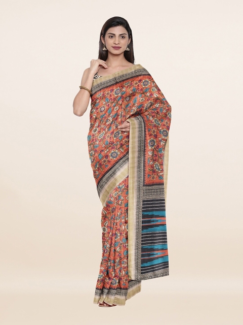 

Pothys Rust & Blue Kalamkari Printed Tussar Silk Saree