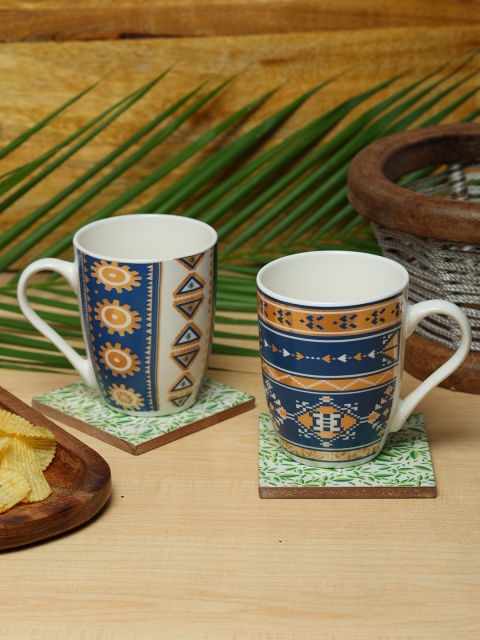 

ZEVORA Orange & Off White Set of 2 Handcrafted Printed Ceramic Glossy Mugs Set