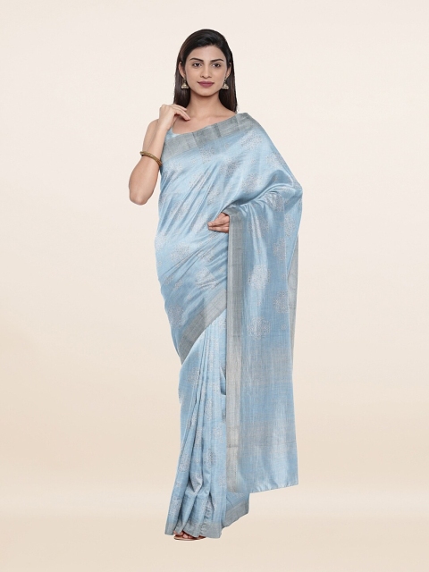 

Pothys Blue & Silver-Toned Ethnic Motifs Zari Pure Linen Saree