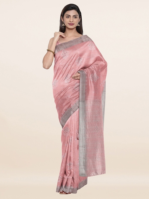 

Pothys Pink & White Ethnic Motifs Zari Pure Linen Saree