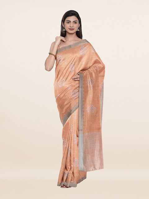 

Pothys Peach-Coloured & Silver-Toned Woven Design Zari Pure Linen Saree