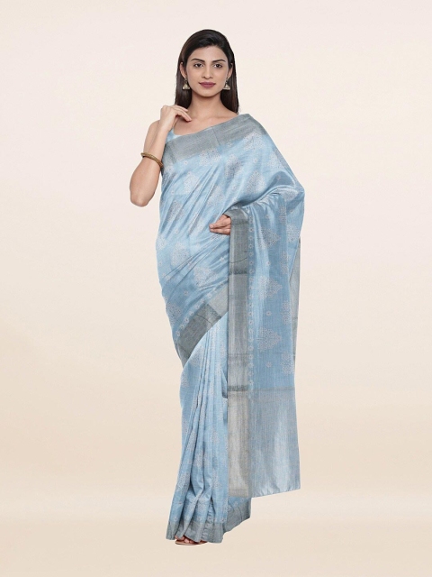 

Pothys Blue & Silver-Toned Woven Design Zari Pure Linen Saree