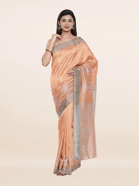 

Pothys Women Peach & White Ethnic Motifs Printed Pure Linen Saree