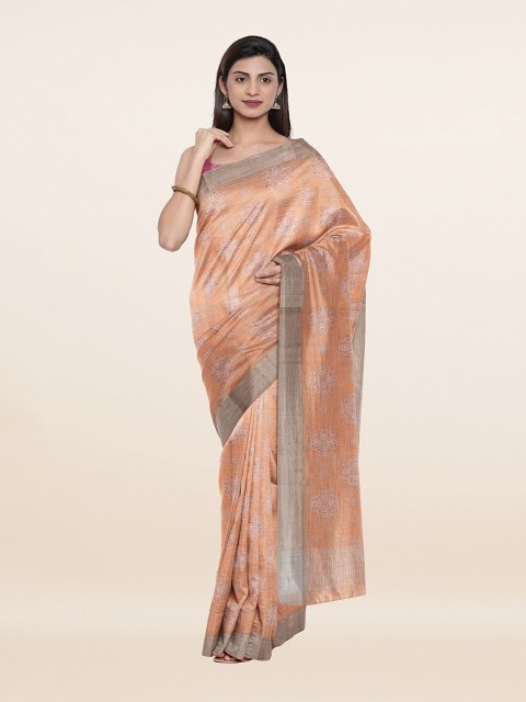 

Pothys Peach-Coloured & Grey Floral Zari Pure Linen Saree