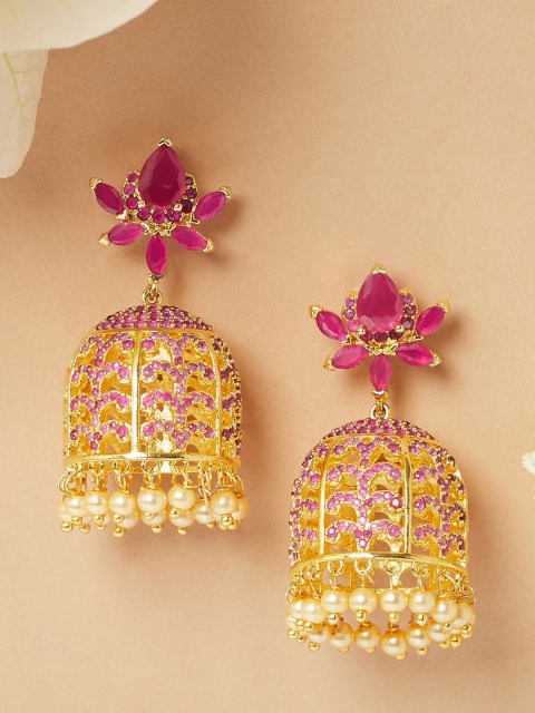 

Voylla Gold-Plated Red Contemporary American Diamond Jhumkas Earrings