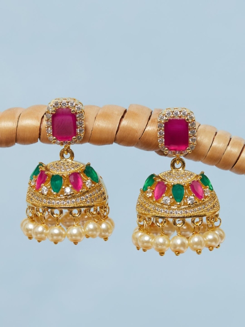 

Voylla Gold-Plated Red & Green Dome Shaped AD & CZ Studded Jhumkas Earrings