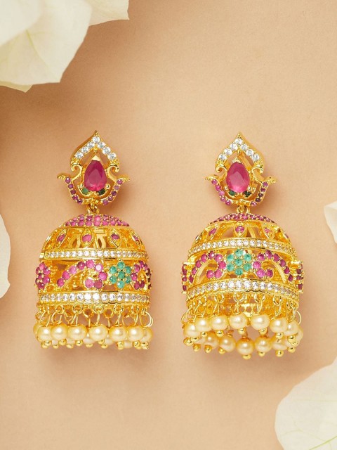 

Voylla Gold-Plated Red Contemporary American Diamond Jhumkas Earrings