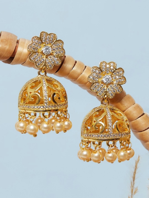 

Voylla Gold-Plated White ADC & CZ Studded Floral Jhumkas Earrings