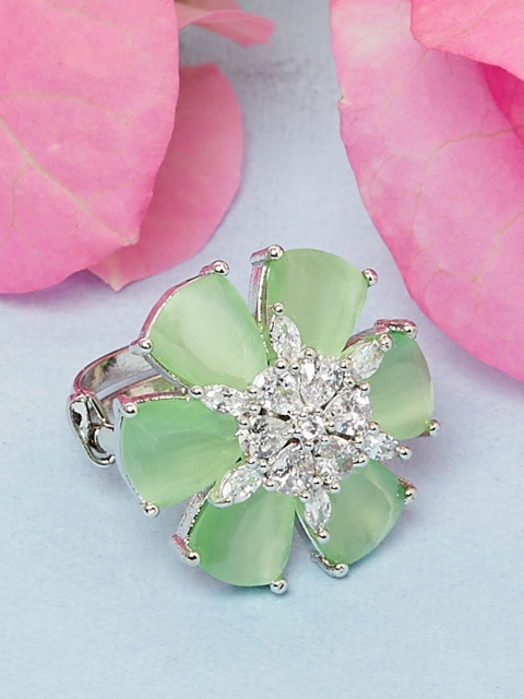 

Voylla Rhodium-Plated Silver-Toned & Green Adjustable Finger Ring