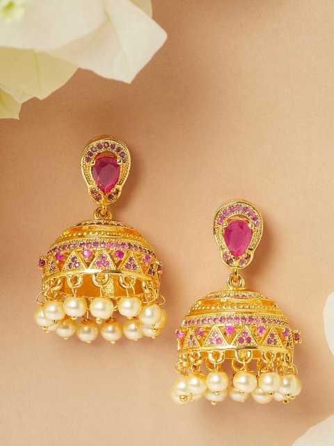 

Voylla Women Gold-Toned & Pink AD CZ Dome Shaped Jhumkas Earrings