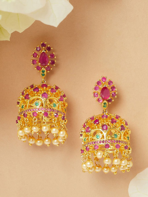 

Voylla Gold-Plated American Diamond CZ Traditional Contemporary Jhumkas Earrings