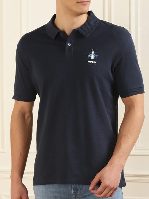 

HUGO Men Navy Blue Polo Collar Applique T-shirt