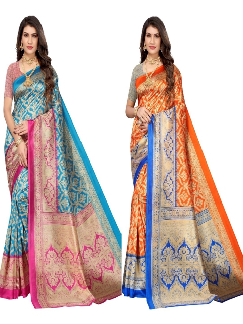 

AADVIKA Blue & Orange Set of 2 Ethnic Motifs Printed Art Silk Mysore Silk Saree