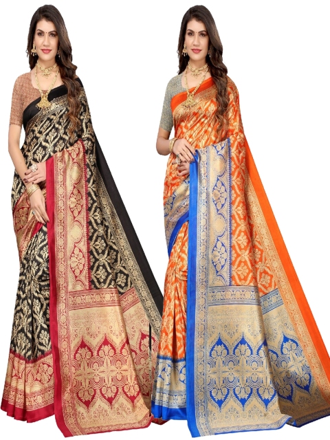 

AADVIKA Pack Of 2 Black & Orange Woven Design Art Silk Saree