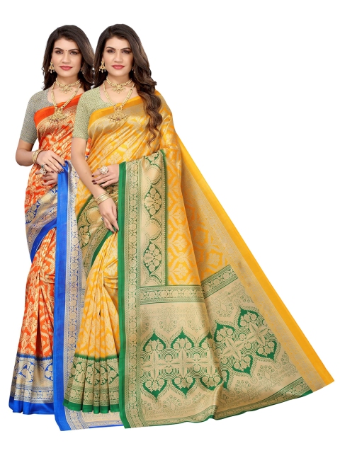 

AADVIKA Yellow & Orange Set of 2 Ethnic Motifs Printed Art Silk Mysore Silk Saree