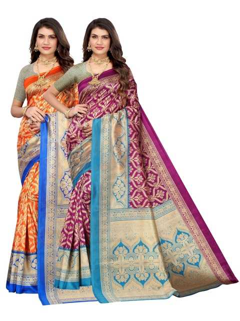 

AADVIKA Pack Of 2 Purple & Orange Floral Art Silk Mysore Silk Saree