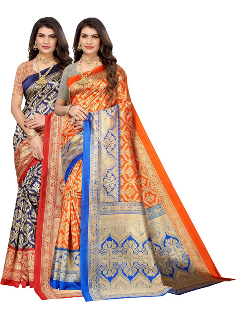

AADVIKA Blue & Orange Set of 2 Ethnic Motifs Printed Art Silk Mysore Silk Saree