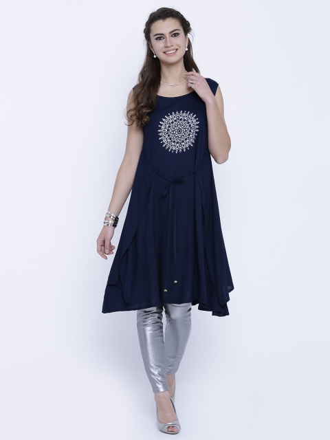 

Vishudh Navy Printed Rayon Tunic, Navy blue