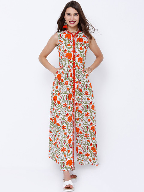 

Vishudh White & Orange Floral Print A-Line Kurta