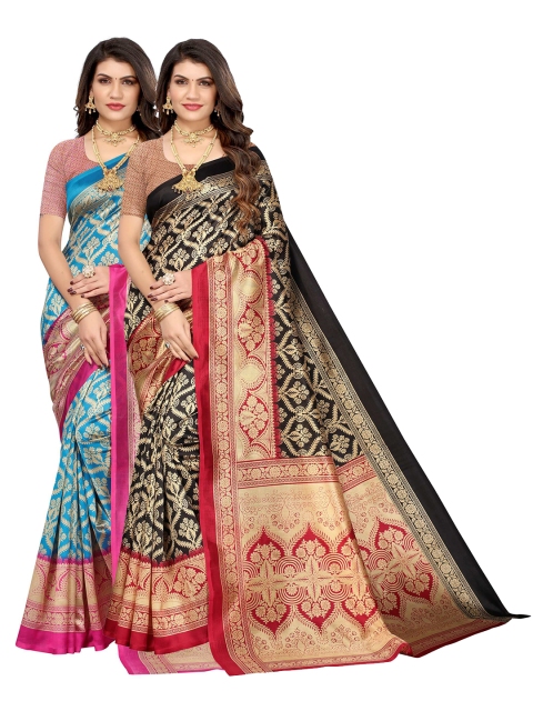 

AADVIKA Turquoise Blue & Black Set of 2 Ethnic Motifs Printed Art Silk Mysore Silk Saree