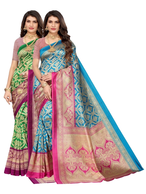 

AADVIKA Turquoise Blue & Green Set of 2 Ethnic Motifs Printed Art Silk Mysore Silk Saree